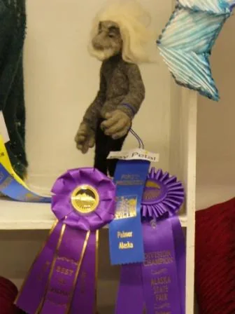 Needle-felted Einstein by Kay Petal with Alaska State Fair Best of Show ribbons