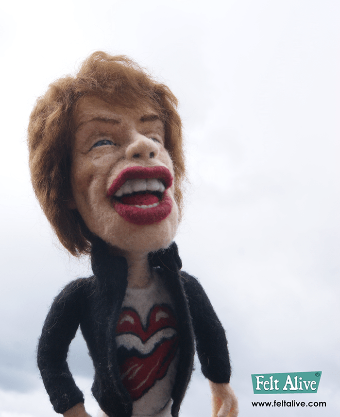 needle felted wool Mick Jagger caricature doll by Kay Petal – Felt Alive Wool Sculptures
