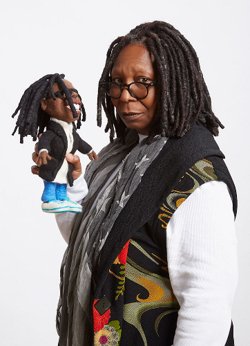 Whoopi Goldberg with her Felt Alive Li'l Whoopi figure caricature Doll