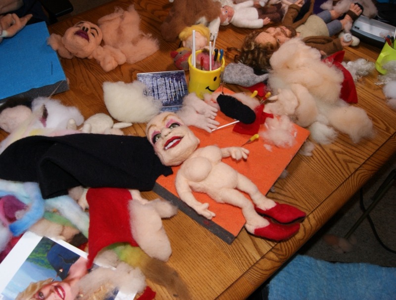 a typical scene at Kay's needle felting pad