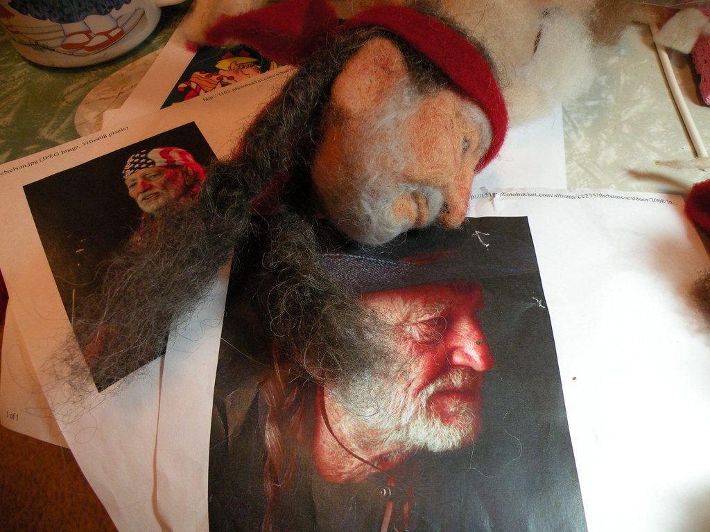Willie Nelson Doll In Progress -a needle felted caricature doll
